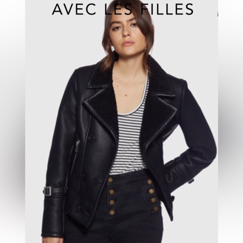 Avec Les Filles Faux Leather Faux Fur Moto Jacket Motorcycle Black size small